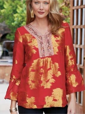 NWT Women’s Soft Surroundings Bellflower Bell Sleeve Metallic Beaded Blouse 1X